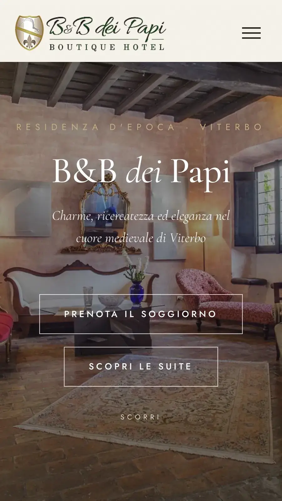 Il nuovo sito del B&B dei Papi: hero d'atmosfera con la prenotazione in apertura
