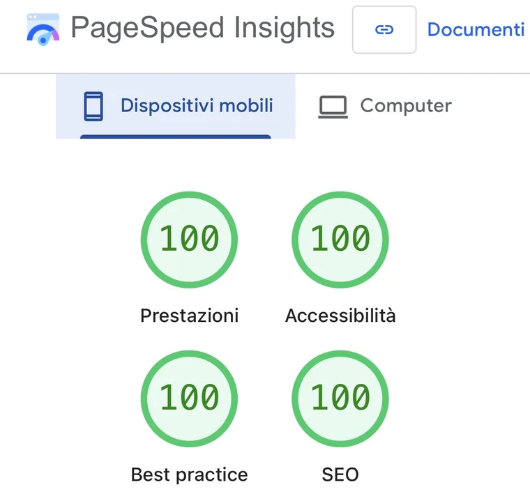 Punteggio Google PageSpeed di Leva Studio: 100 su 100 in Prestazioni, Accessibilità, Best Practice e SEO